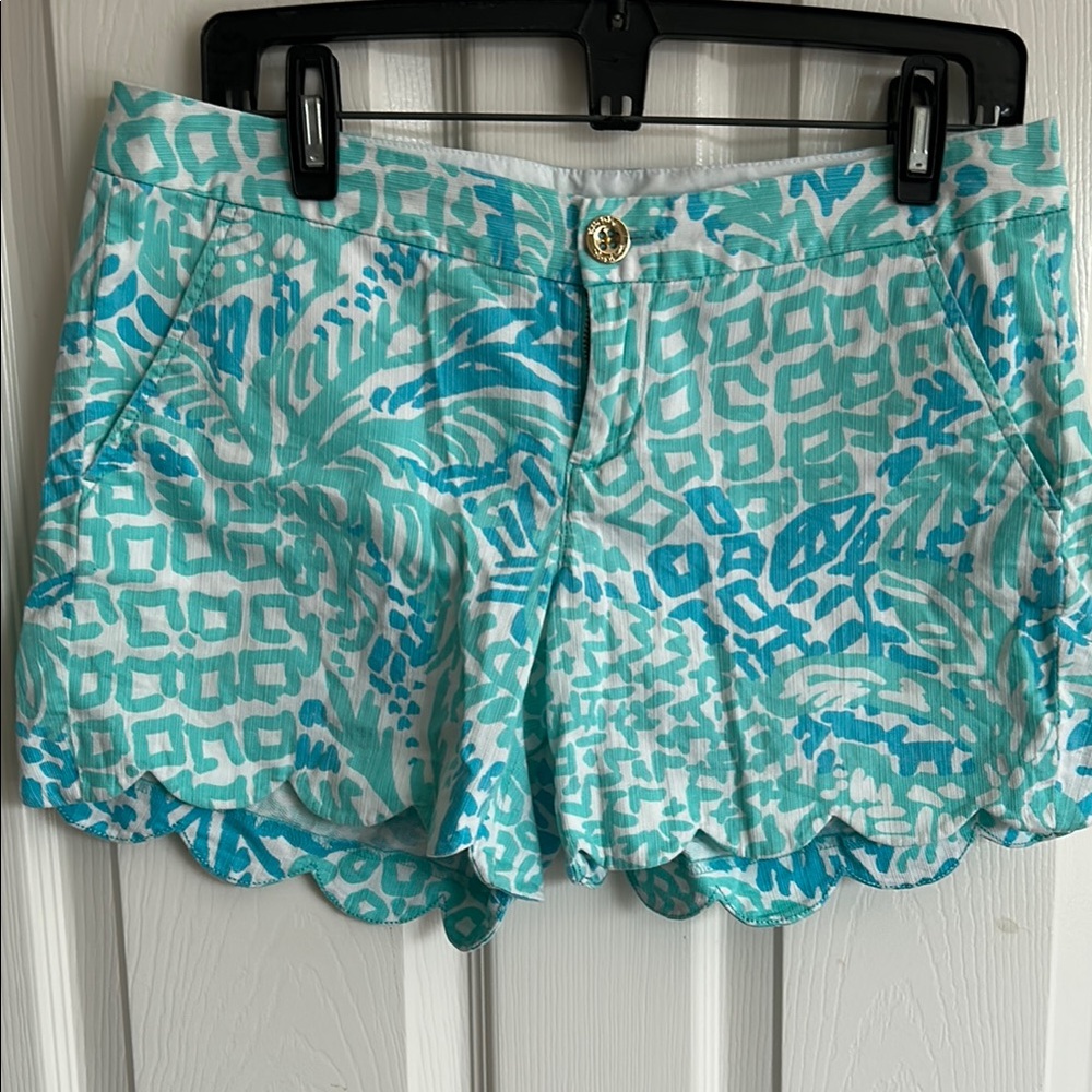 Lilly Pulitzer Aqua + Teal Printed Scallop Hem Shorts